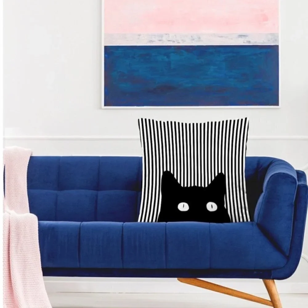 Cat Theme Pillow Cover Zippered Decorative Square Black White 17.7 in X 17.7 in